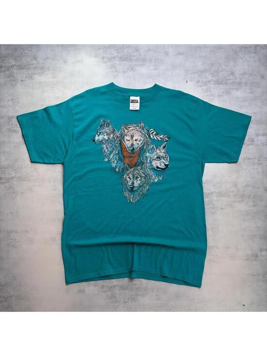 Tultex Other - Vintage Teal Wolf Nature Graphic T-Shirt